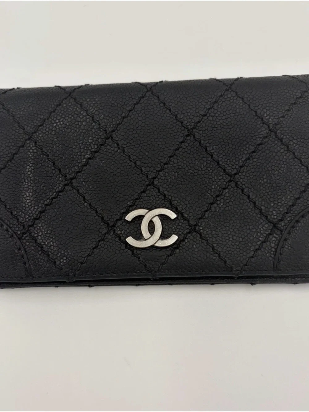 CHANEL Black Quilted Caviar Leather Wallet with Silver CC Emblem